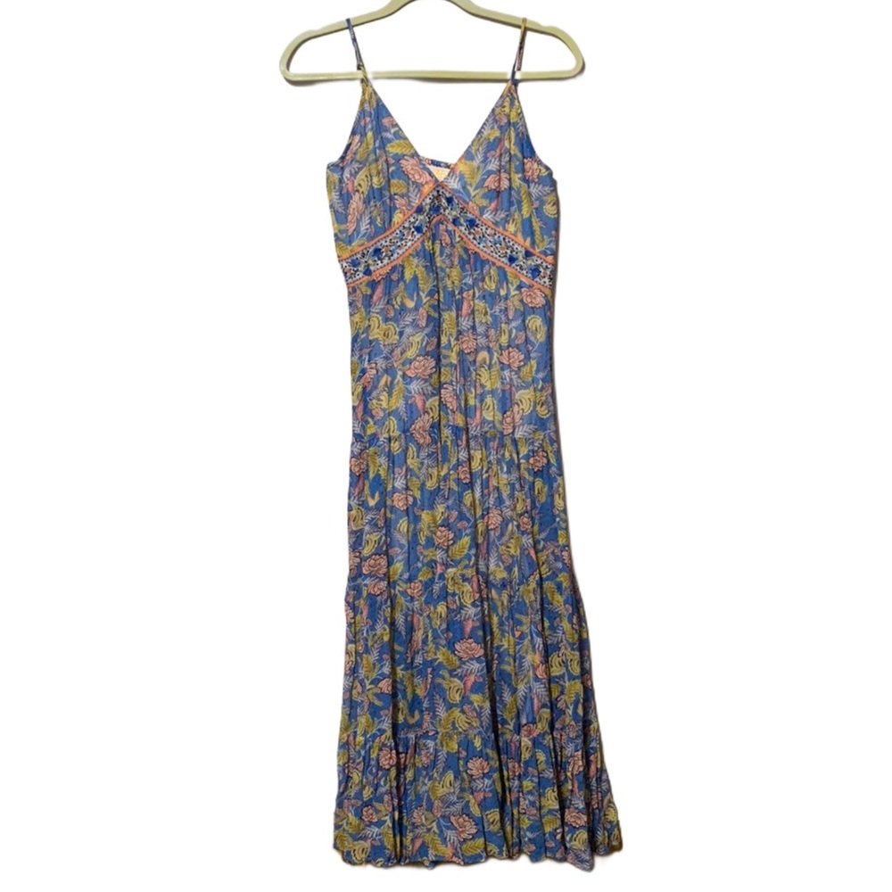 Anthropologie Blue Floral Maxi Dress with Pink and Yellow Accents - Picture 4 of 11